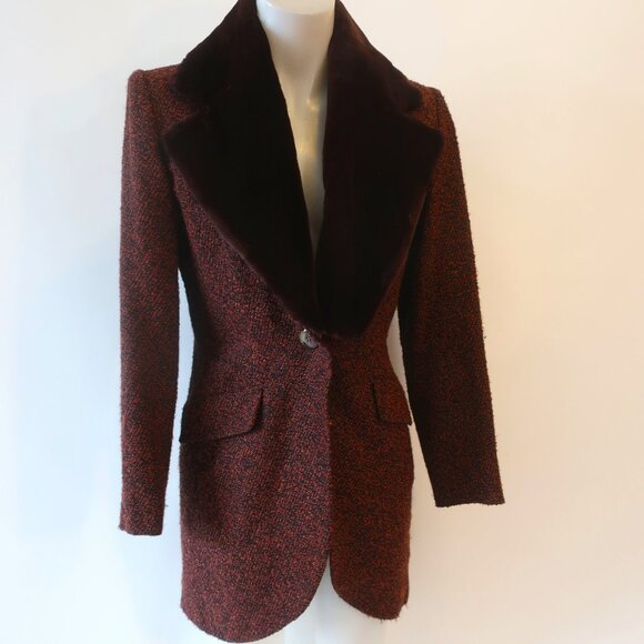 Yves Saint Laurent Black Brown Tweed Boucle Wool Blend Faux Fur Jacket Coat 6 - Picture 2 of 16
